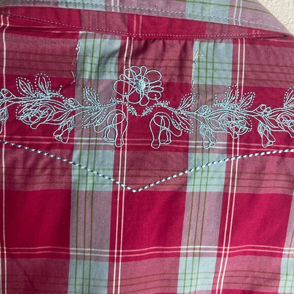 Bit and Bridle Women's Size L Pearl Snap Western Shirt Plaid Pink Embroidered - Picture 7 of 7